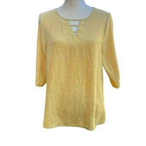 NINE‎ WEST JEANS Women's Blouse Size S 100 % Linen 3/4 Sleeve Yellow